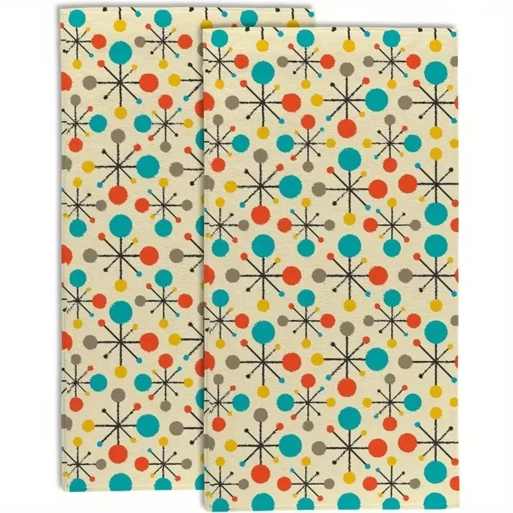 2pcs Atomic Starburst Towel Set Kitchen MCM Bath Yellow New Mid Century Modern